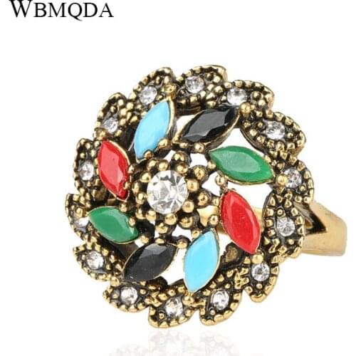 Bohemian Colorful Hollow Windmill Pattern Ring Indian Gold Crystal Wedding Rings For Women Vintage Ethnic Jewelry