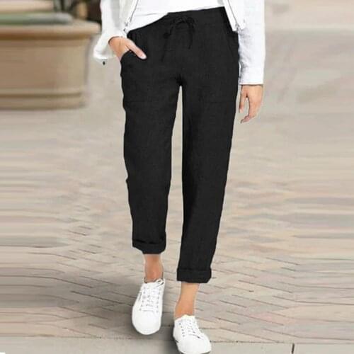 Loose Cotton Linen Pant Women Soft Harem Pants Breathable Slim Ankle Length Pants Korean Leisure Hallen Pants Black