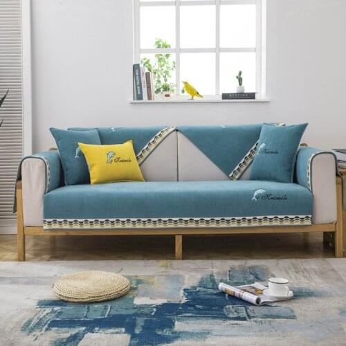 1 Piece Nordic Simple Embroidery Sofa Cover Cushion Four Seasons Universal Non-Slip Modern Cartoon Dolphin Sofa Towel