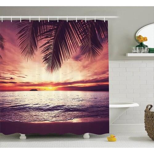 Palm Tree Decor Shower Curtain Tropical Beach Under Shadow at Sunset Ocean Waves Serenity in Natural Paradise Bathroom Curtains