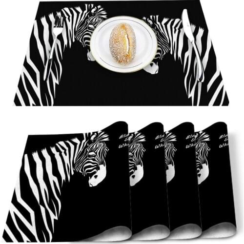 Nordic Zebra Black White Animal Printed Cotton Linen Kitchen Placemat Dining Table Mat Coaster Pads Cup Mats Home Decor