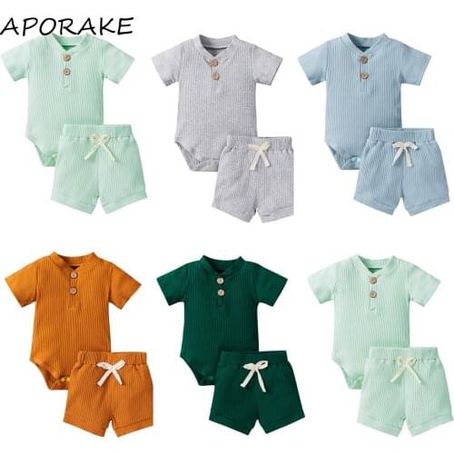 2021 0-18M Infant Baby Boy Girl Casual Clothing Summer New Knitted Solid Short Sleeve Button Romper+Loose Shorts 2pcs Outfits