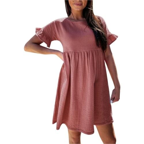 Summer Casual Ruffle Short Sleeve Mini Dress Female Comfy Round Neck Dresses Solid folds High waist Vestidos Streetwear Sundress