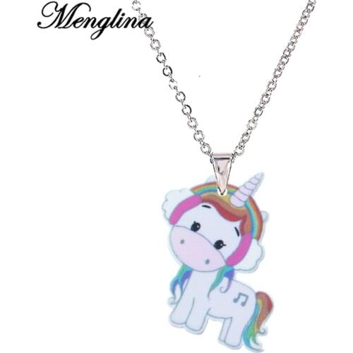 Menglina Cute Cartoon Music Rainbow Horse Acrylic Necklaces & Pendants For Little Girls Metal Chain Planar Resin Jewelry Gifts
