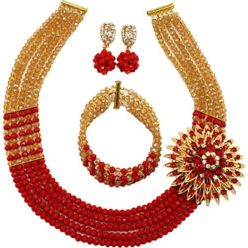 Modish opaque red costume necklace african set crystal bead nigerian wedding jewelry set