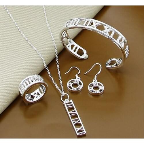 Fashion 925 Sterling Silver Roman Numeral Earrings Necklace Bracelet Ring Set Wedding Engagement Charm Jewelry For Woman