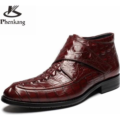 Men winter Boots Genuine cow leather chelsea boots brogue casual ankle flat shoes Comfortable quality soft 2020 wine red black