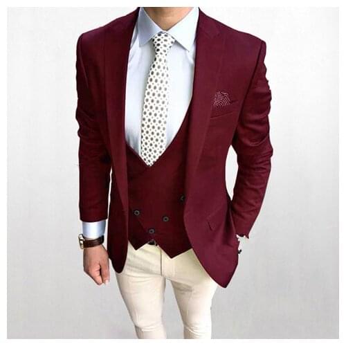 New Arrival Burgundry One Button Groomsmen Peak Lapel Groom Tuxedos Men Suits Wedding Prom Best Man Blazer ( Jacket+Pants+Vest)