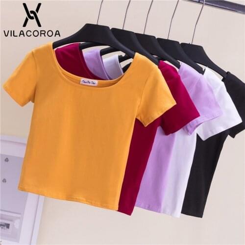 Casual Square Collar Skinny T-Shirts Womens Clothes Summer 2021 Short Sleeve Slim High Waist Crop Tops Femme Simple Pullover Top