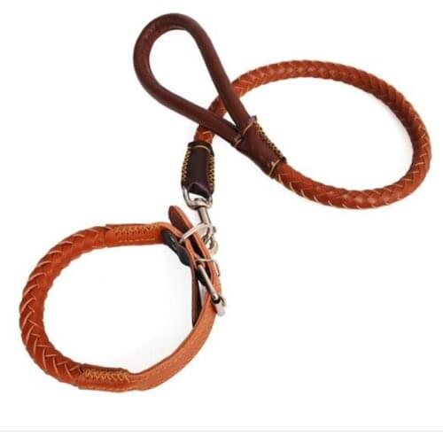 Durable Leather Two-stage Leash For Pet Large Dog Collar Harness Plaid Braided Rope Dogs Leash Lead Strap Belt