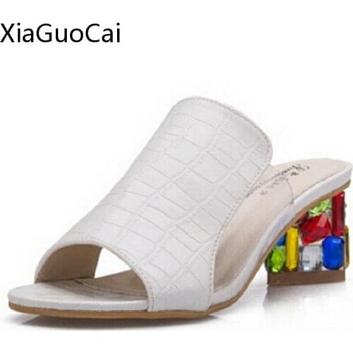 Women Sandals Platform High Heels Crystal Creepers Thick Heels Summer Slippers Slip-on Rubber White Slides X1350 35