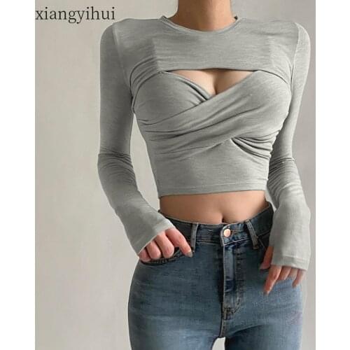 Front Cross Sexy Hollow Out Slim Grey T-shirt Women O-neck Long Sleeve Pullover Tops 2020 Korean chic Fashion Cropped Tops