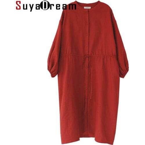 SuyaDream Women Spring Dress 100%Linen Lantern Sleeves O Collar Knee Length Solid Loose Dresses 2020