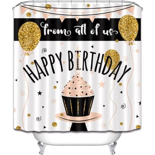 72'' Happy Birthday Golden Balloons And Cake Bathroom Waterproof Fabric Shower Curtain Polyester 12 Hooks Bath Accessory Sets
