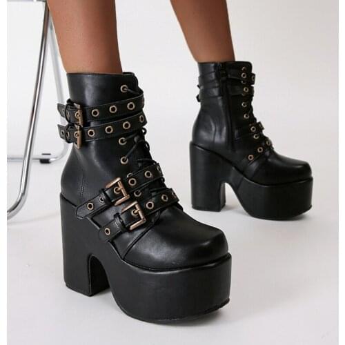 Demonias shoes Women Boots Female Motorcycle Boots Zip High Heel Ankle Boots Decoration Platform shoes Style Large Size 34-43