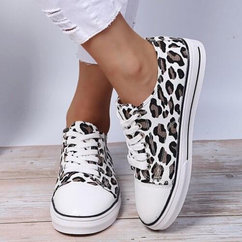 Women Shoes Leopard Print Fashion Canvas Shoes Ladies Flat-Bottom Lace-Up Loafers Lightweight Casual Walking Shoes Size 35-43