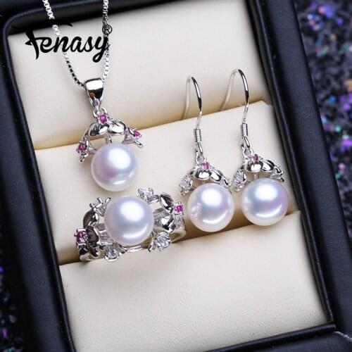 FENASY 925 Sterling Silver earrings with stones natural Pearl jewelry sets necklaces for women bohemian set clip earrings rings