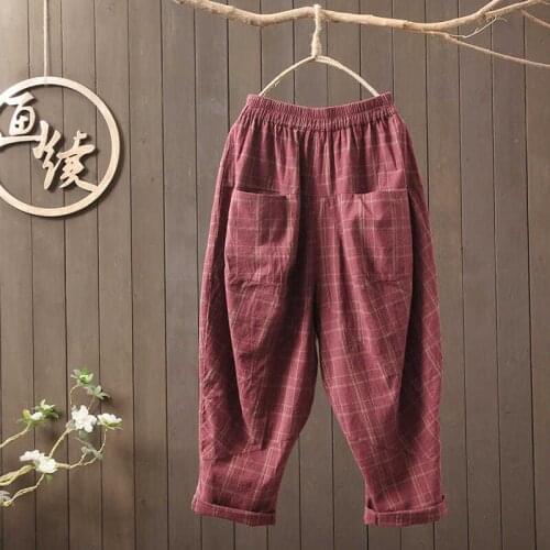 2020 Spring New Arts Style Women Elastic Waist All-matched Casual Loose Pants Cotton Linen Plaid Vintage Harem Pants S876