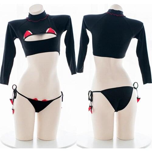 Women Hollow Out Little Devil Cute Open Chest Pajamas Set Sexy Lingerie Long Sleeve Short Tops Turtleneck Sleepwear Suit Cosplay