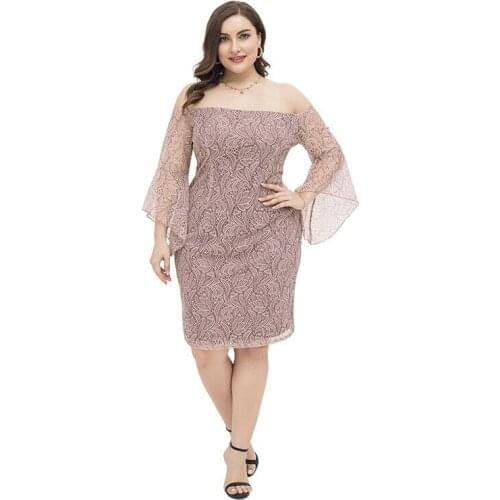 Slash Neck Flare Sleeve Sexy Lace Dress Plus Size Women Dresses Elegant Cold Shoulder Sexy Party Night Dresses Female Robes