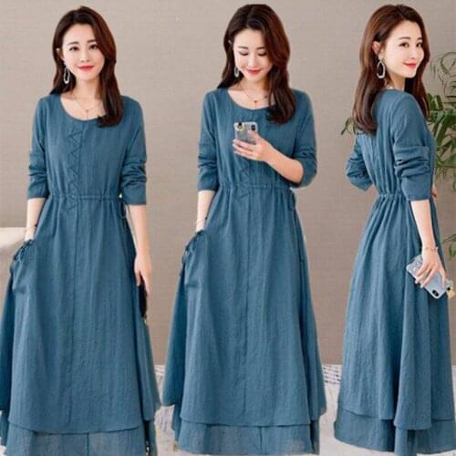 Long-sleeved Dress Women Spring 2020 New Autumn Temperament Long Dresses Fashion Casual Patchwork Bandage Ladies Dress 4XL k1026
