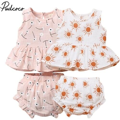 Infant Newborn Baby Girls Vest Shorts Cotton Linen Suit Fresh Daisy/Sun Printed Sleeveless Tops Triangle Short Pants 2Pcs Outfit