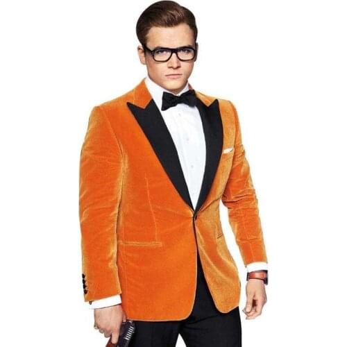 2018 Brand Tailor-Made Orange Velvet Men Suit Slim Fit 2 Piece Groom Tuxedo Custom Blazer Prom Wedding Suits Terno Masculino