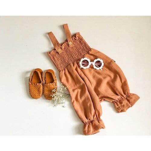 2021 0-18M Summer Kids Jumpsuit Summer Solid Color Sleeveless Off Shoulder Pleated Romper Playsuits Bloomers for Girls