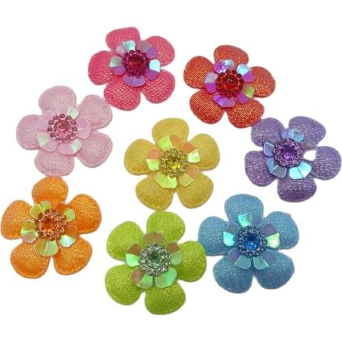 40pcs Felt Padded Flowers w/Left Rhinestone Appliques Craft Sewing 3.5cm