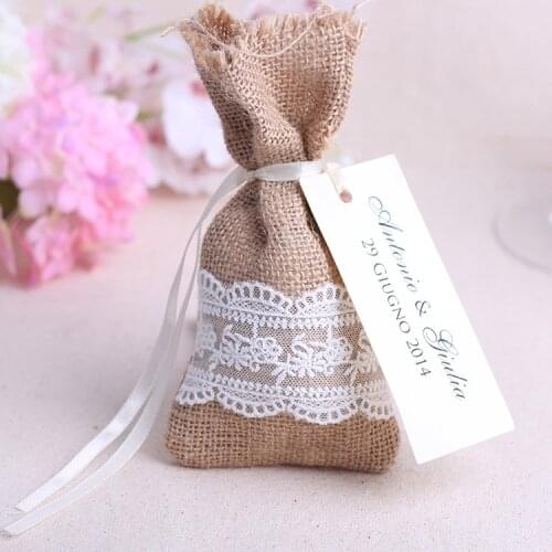50 toile de jute Dentelle Sacs Cadeau avec ficelle 8x12cm mariage Favor Jewelry Pouch lace burlap bag wedding gifts bag