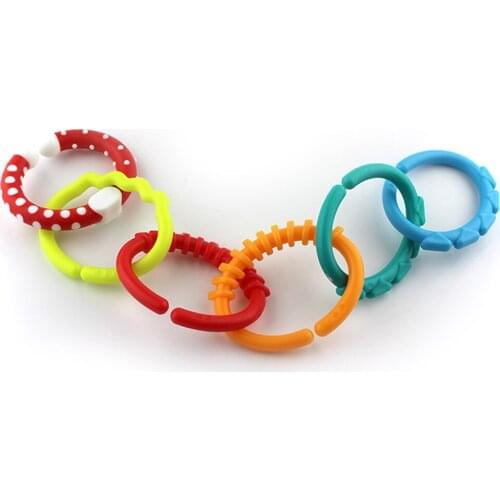6pcs Baby Teething Ring Silicone Teether Bracelet Sensory Toys Rattle Colorful Rainbow Crib Bed Stroller Link