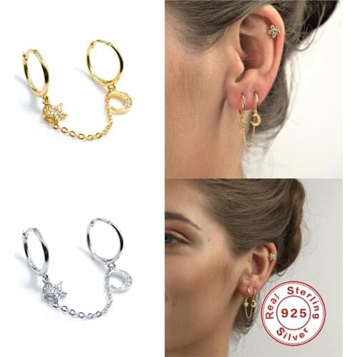 Aide 925 Sterling Silver 9mm CZ Crystal Hands Cuff Clickers Medium Chain Hoops Huggies Loop Earring With Moon Star Pendant 1PC