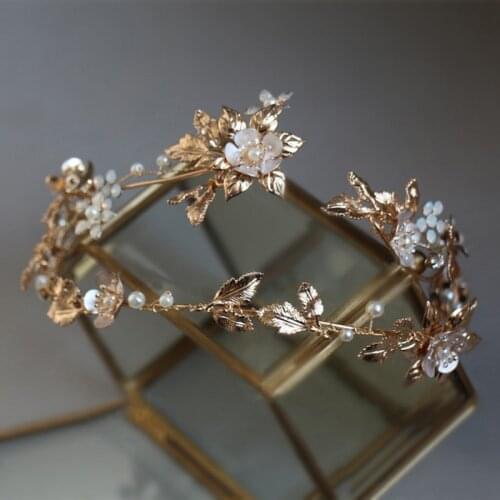 Baroque Gold Leaf Princess Crown Floral Wedding Prom Hair Tiara Pearls Bridal Hairband Handmade Women Headpiece