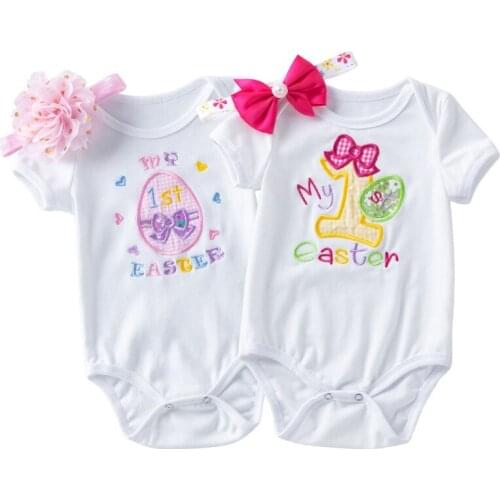 Summer 2021 Baby Girls Clothes Easter Day First Baptism Newborn Infant Girl Clothing Set Bodysuit+Headband 2Pcs Baby Clothing