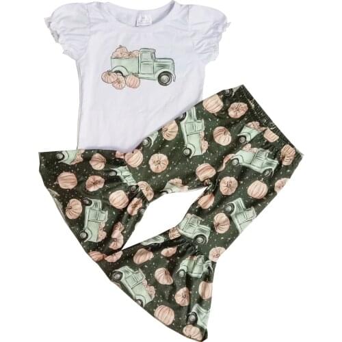 Thanksgiving Day Baby Girls Short Sleeve Pumpkin and Truck Pattern Top Bell Botton Pants Outfits