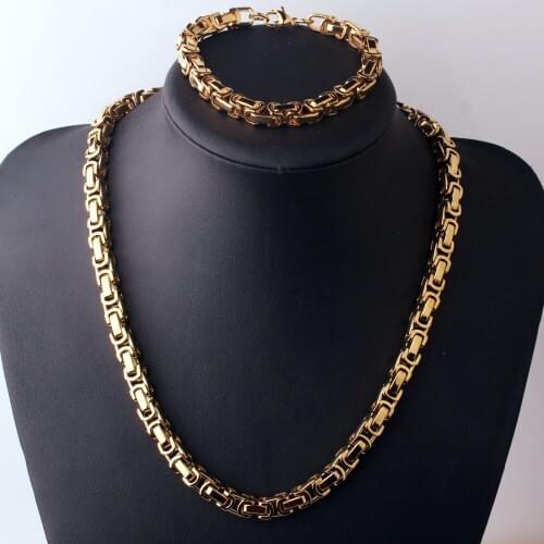 Cool Mens 316L Stainless Steel 4 Colors For Choose Men Byzantine Chain Necklace Bracelet Set 8mm Wide Jewelry Set