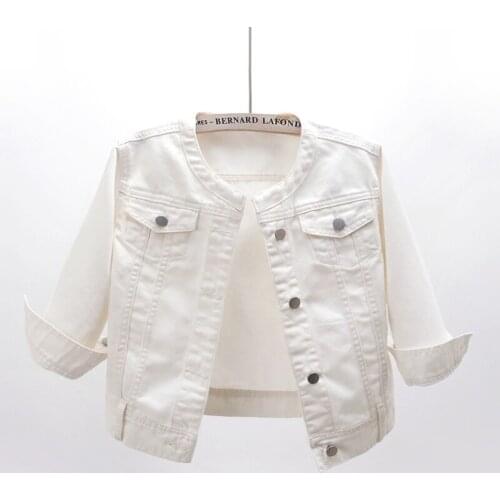 Spring Autumn O-Neck Three Quarter Sleeve Denim Jacket Coat Women Korean Student Outerwear Slim Short White Jeans Jackets Female