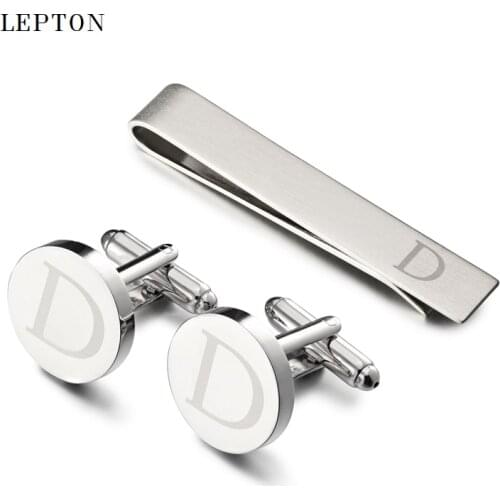 Lepton Letters Cufflinks & Tie Clips Set Silver Color Letters Of An Alphabet D Cufflinks For Mens Shirt Cuffs Cufflink Gemelos