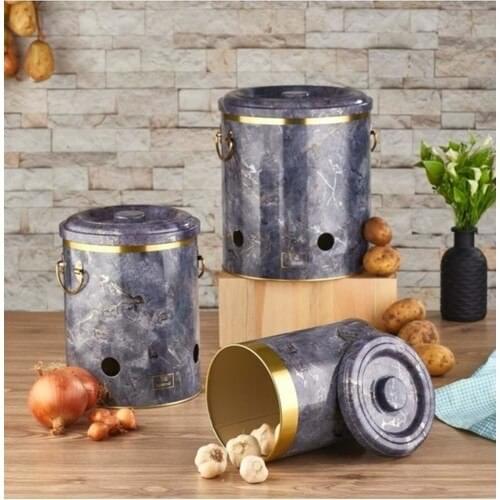 Synergy Store Marble Pattern Metal Potato & Onions and Garlic Set 3'lü