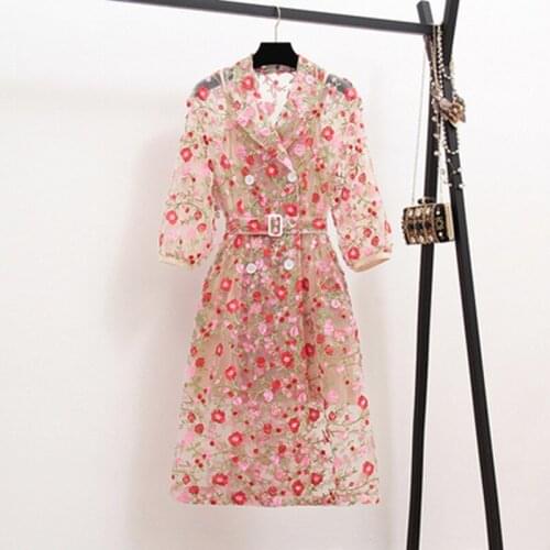 New Lace Trench Coat For Women Summer Puff Sleeve Notched Collar Self Belted Flower Embroidery Long Cardigans Casual Trench Coat