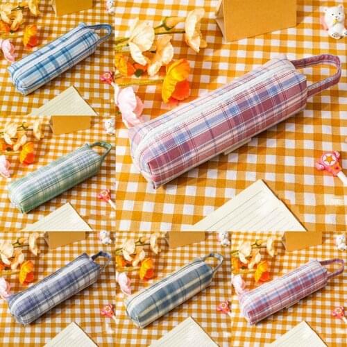 NEW Simple Japanese Style Grid Student Pencil Bag Case Fashion Grid Stripe Canvas Pen Bag Hand Stationery Pouch Pencil Case