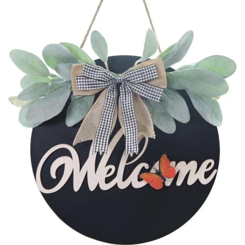 Bowknot Door Hanging Simulation Leaf Welcome Tag Wreath Farmhouse Sign Wooden Pendant Home Decoration