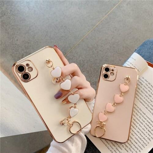 Luxury Plating Heart Chain Phone Case For iPhone 12 Pro Max Mini 11 Pro Max X XS XR 7 8 Plus SE 2020 Wrist Bracelet Back Cover