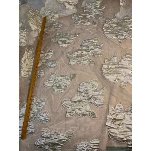 Stock good quality 7 yards kk01# jacquard beige flower organza lace fabric for sawing evening bridal wedding dress