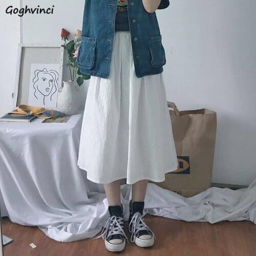 Skirts Women Mid-calf Chic High Street Japanese Harajuku Style Long Female Kawaii All-match Summer Simple Elastic Waist Classic