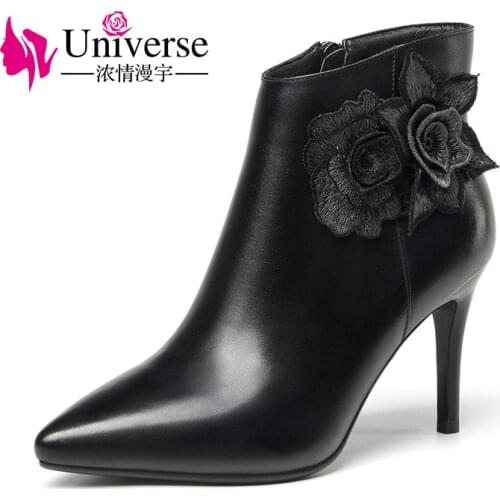 Universe women elegant ankle boots point toe cow leather short plush thin heel black short boot winter boots ladies shoes G354