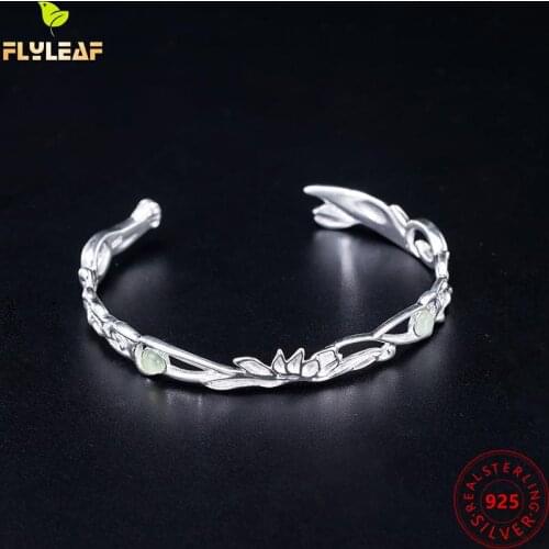 925 Sterling Silver Opal Lotus Flower Open Bangle For Women Luxury Chinese Vintage Style Female Fine Jewelry Handmade