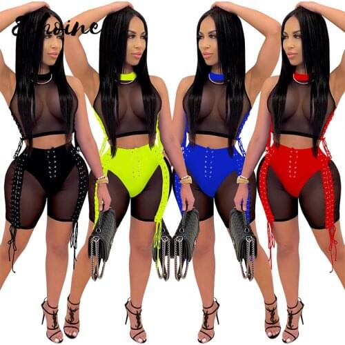 Women Lace Up Sexy Mesh See Though Patchwork Tops & Shorts Suit Club Party Night Tracksuit Two Piece Set Fitness Outfits S-2XL