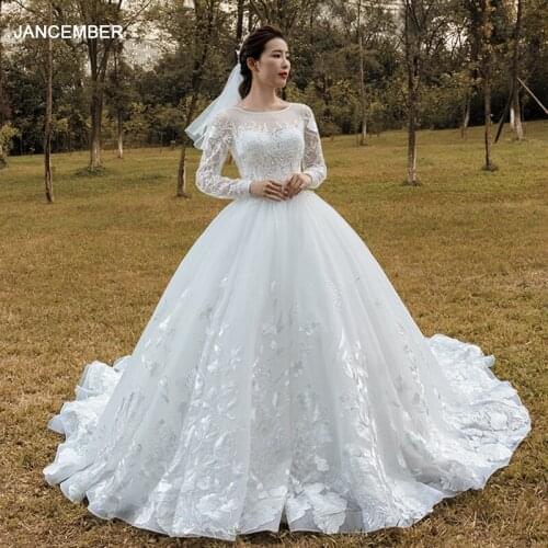 J67029 jancember luxury white ball gown wedding dresses chapel with veil o neck long sleeve applique wedding 2020 robe de mariee