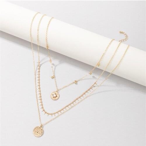 Vintage Fashion Boho Geometric Chain Imitation Pearl Crystal Inlaid Round Pendant Necklace For Women Multilevel Choker Jewelry